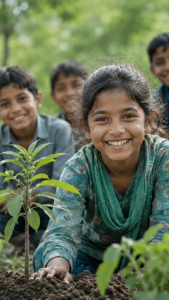 Children smiling together outdoors, tending to a young plant