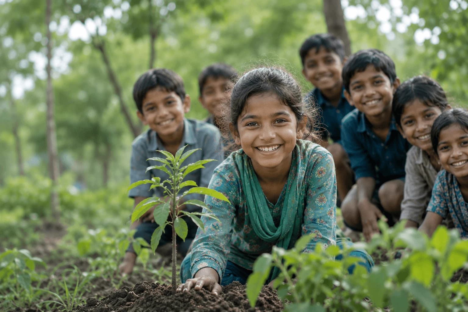 Children smiling together outdoors, tending to a young plant